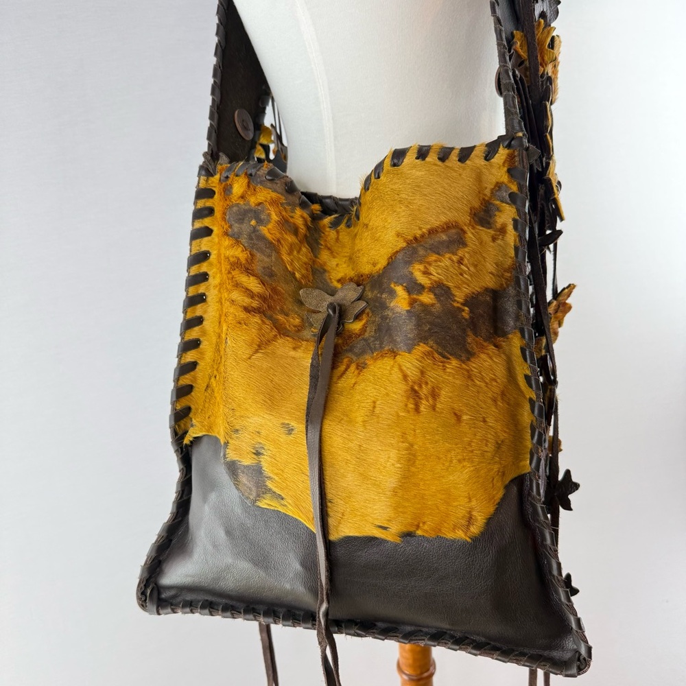 OOAK Artisan Handmade Leather Boho Bag Flower Fringe Strap - Picture 5 of 15
